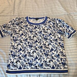 Talbots Blue and White Floral Crew Neck Sweater